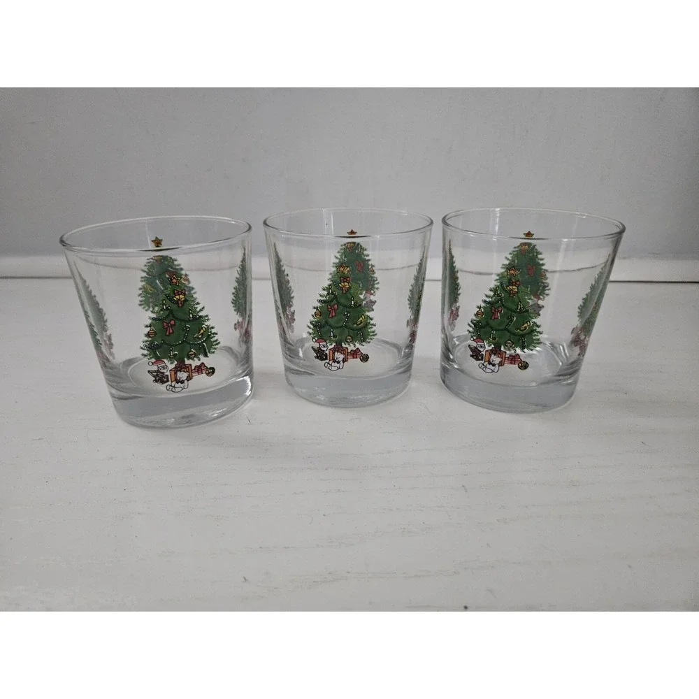 Christmas Tree Glasses Lowball Whiskey Rocks Retro Glass Set of 3 Vintage‎